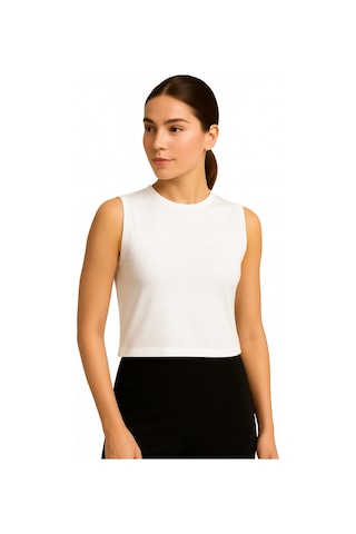 İngegno Body Bisiklet Yaka Sıfır Kol Crop %95 Viskon Ring Örme Kumaş Body Beyaz