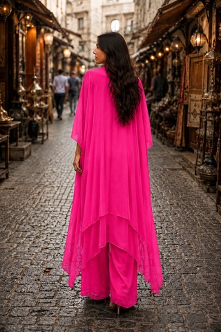 Bohem Stil Italyan Ipek Detaylı Oversize Kap Bluz- Wes Pantolon Takım Pembe