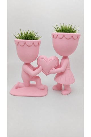 3d Baskı Aşk Saksısı - Kalp Tutan Çift Figürlü Dekoratif Saksı - Pembe -