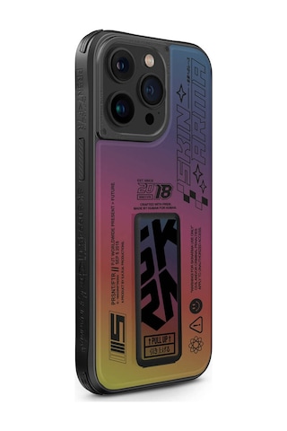 Apple Uyumlu iPhone 15 Pro Kılıf Skinarma Holografik Standlı Deri Görünümlü Kira Kobai Kapak Colorful