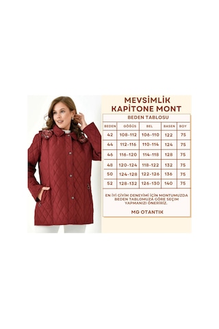 Mg Otantik Kadın Büyük Beden Kapüşonlu İçi Desenli Fermuarlı Çıtçıtlı Kapitone Kaban Mont Bordo