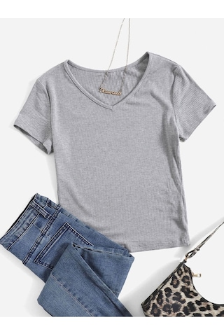 V Yaka Gri Renk Fitilli Kısa Kollu Slim Fit Crop Top Bluz Gri