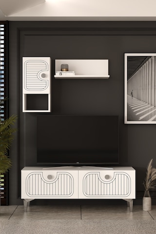 120dhdtdr3bg Hera Lazer Desenli Raflı Tv Sehpası, Ünitesi Beyaz-gümüş
