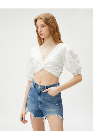 Koton Crop Bluz Brode Balon Kollu Önü Büzgülü Beyaz 3sal60067ıw 3SAL60067IW000 Beyaz