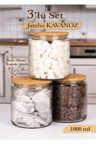 3'lü Etiketli Cam Kavanoz Seti Bambu Vakum Kapaklı Çizgili Erzak Bakliyat Saklama Kabı 3x1000ml Şeffaf