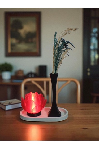 Beyaz Stantlı Şeffaf Kırmızı Lotus Çiçeği ,mumluk, Siyah Vazo