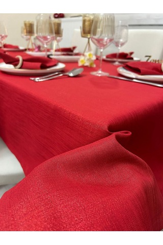 Polyester Keten Simli Masa Örtüsü Kırmızı + 12 Peçete