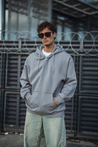 Vexor Erkek Tam Fermuarlı Cepli Kapüşonlu 3 İplik Pamuklu Hoodie Sweatshirt - Gri 4118168