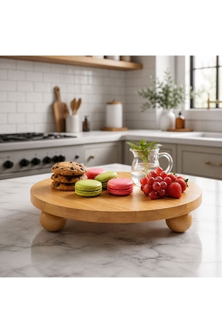 Bambu Top Mantar Ayaklı Yuvarlak Sunumluk 25x25 Cm Şık Pasta & Tatlı Servis Tabağı Kahverengi