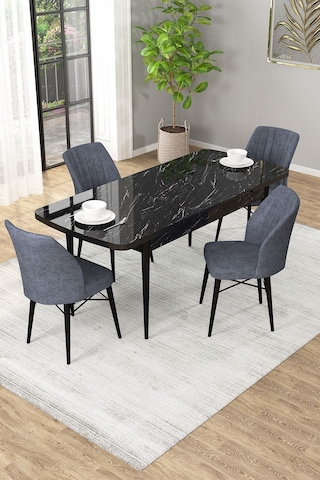 Arel Siyah Mermer 80x132 Açılabilir Mdf Masa Yemek Odası Takımı, Mutfak Takımı 4 Adet Sandalye Siyah Mermer - 4 Füme - Siyah Ayak