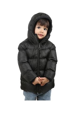 Freemen Erkek Çocuk Siyah Polarlı Kapüşonlu Su Geçirmez Rüzgara Dayanıklı Şişme Kışlık Mont Siyah
