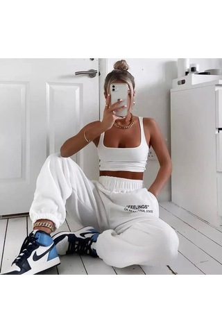 Eşofman Altı - Beyaz Baskılı Lastik Paça Yüksek Bel Lastik Bel Beyaz
