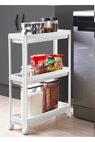 Bayev Tekerlekli Beyaz 3 Katlı Raf - Banyo Mutfak Dar Alan Düzenleyici Organizer Beyaz