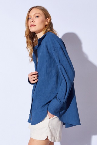 Manche Gofre Oversize Rahat Kesim Kadın Gömlek İndigo Mks161103-01