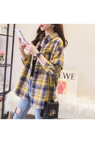 Pembe Qooth Kadın Sonbahar Kış Fırçalanmış Ekose Bluz Retro Zarif Gevşek Uzun Kollu Gömlek Ceket Qt1910 Pembe