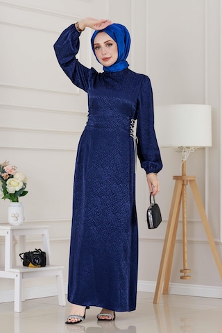 Buse Yanı Bağcıklı Saten Abiye-lacivert-4998