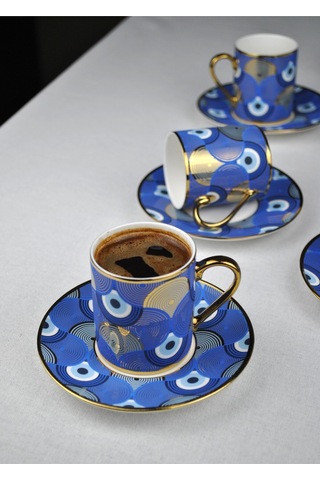 6 Kişilik Porselen Nazar Göz Kahve Fincan Takımı Seti 90ml Nazar Boncuğu Lacivert