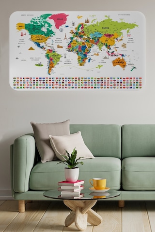 Harita Sepeti Türkçe Ülke Bayrak Lı Eğitici Başkent Detaylı Atlası Dünya Haritası Duvar Sticker -3841-b-85 x 130 CM