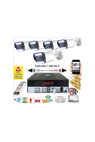 5 Kameralı Set - Yapay Zeka Özellikli Gece Renkli Sesli FullHD 5Mp Lensli 12 Warm Ledli Güvenlik Kamerası Seti 312WS-9008