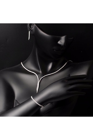 Bilezikci Çift Sıra Suyolu Beyaz Altın Takı Seti 8VRST10