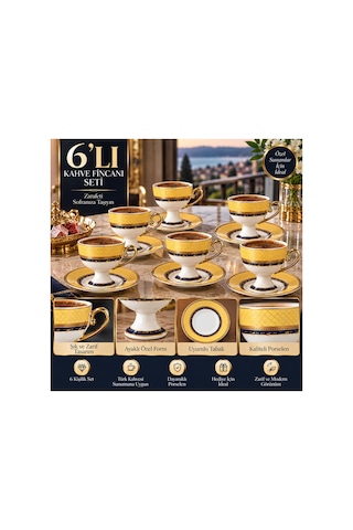 6 Lı Ayaklı Porselen Kahve Fincanı Takımı Sarı Lacivert Gold Detaylı Şık Sunum Seti Sarı