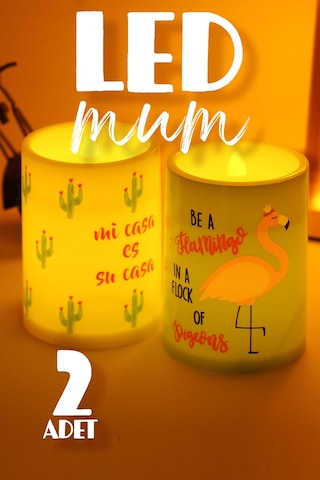 2li Led Mum Kaktüs Flamingo Bardak Tipi Pilli Dumansız Alevli Dekoratif Yapay Mum Dekor Lambası