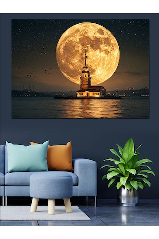 Dolunayda Kız Kulesi Manzarası Dekoratif Kanvas - Mdf Ahşap Tablo
