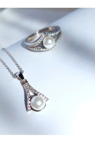 Gümüş Inci Damla V Tasarım Zarif Kadın Kolye Küpe Yüzük Gelin Set