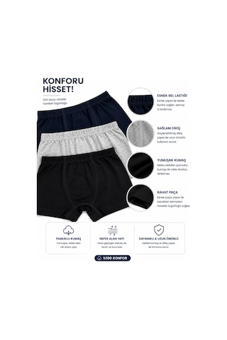 Westicgiyim Erkek Çocuk Boxer 3 Lü Paket Pamuklu Esnek Bel Rahat Kalıp Lacivert Gri Siyah Çocuk İç Giyim Çok Renkli