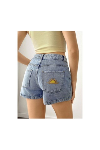 Kene Jeans Arka Tek Cep Nakışlı Kısa/mini Buz Kar Denim Şort Mavi