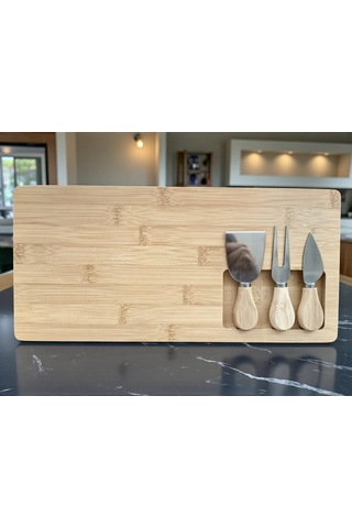 Doğal Bambu Bıçaklı Peynir Servis Sunum Tabağı Kahvaltı Sunum Tahtası Seti 4 Parça 38x18 Cm Kahverengi