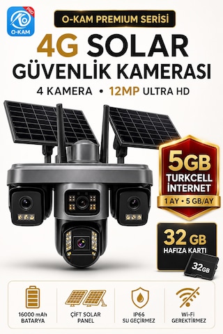 O-kam Ok335set5 12mp 4 Kameralı 4g Çift Solar Panel Gece Görüş 5gb Turkcell +32gb Hafıza