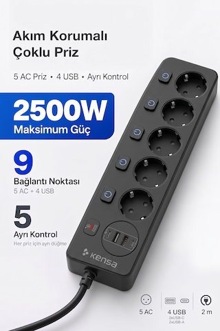 Akım Korumalı Priz 5'li + 2x Usb-a + 2x Usb-c 2 Metre Kablo 0 - 2 M