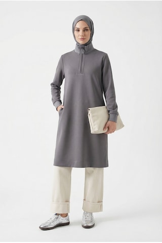 Armine Fermuar Detaylı Basic Tunik Gri
