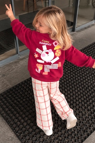 Monila Kız Çocuk Bordo Tavşan Baskılı Pamuklu Sweatshirt Ve Kareli Kanvas Pantolonlu Alt Üst Takım