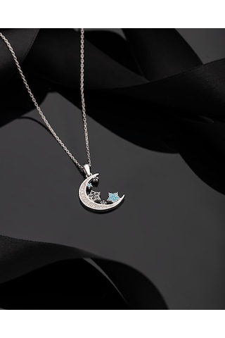 925 Ayar Turkuaz Taşlı Rodyum Ay Yıldız Gökyüzü Gümüş Kolye Gümüş - Rodyum