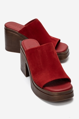 Luvi Shoes Nola Kırmızı Süet Hakiki Deri Kadın Platform Topuklu Terlik