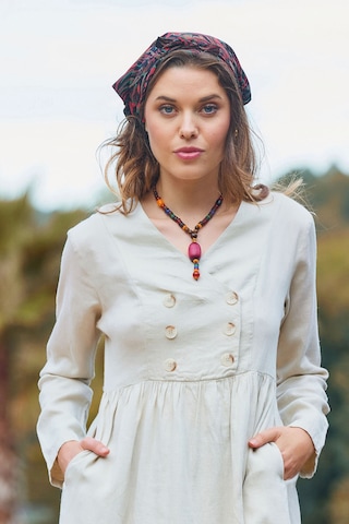 V Yaka Düğme Detaylı Fermuar Kapamalı Uzun Kollu Elbise Krem