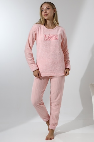 Wordex Fawn 5019 Peluş Welsoft Polar Kışlık Yumoş Kadın Pijama Takımı Love Pembe Toz Pembe