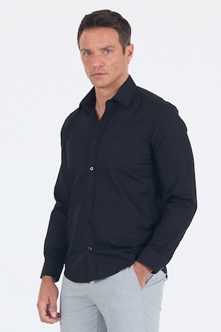 İmza Siyah Uzun Kol Düz Bez Ayağı Sert Yaka Cepsiz Pamuklu Basic Slim Fit Gömlek 1004250057 001 Siyah