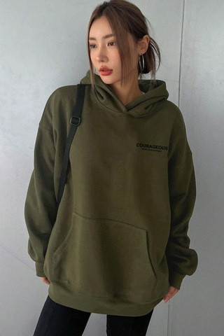 Harmandar Üç İplik Courageous Baskılı Kadın Çimen Kanguru Cepli Kapüşonlu Sweatshirt Hoodie Çimen