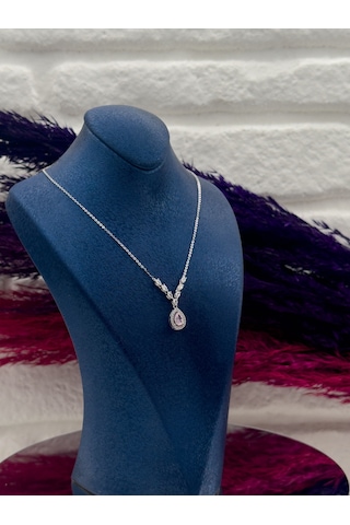 925 Ayar Gümüş Pembe Kuvars Taşlı Özel Tasarım Lüks Kadın Kolye Gümüş