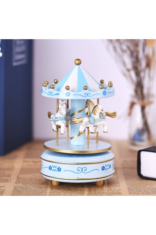 Mufunye Mavi Mekanik Müzik Kutusu - Çarkıfelek Desenli, Sürekli Döner Atlar Ve Güzeldi R Klasik Melodi Melodi Rastgele Mavi