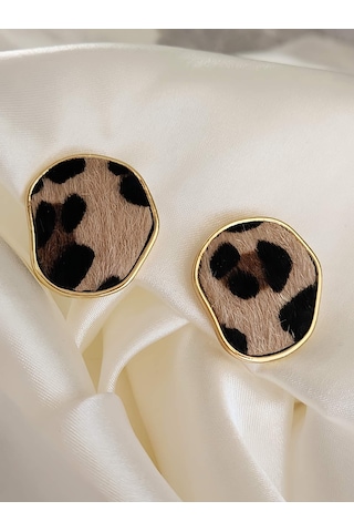 Leopar Asimetrik Oval Yuvarlak Model Küpe Leopar Desenli Çok Renkli