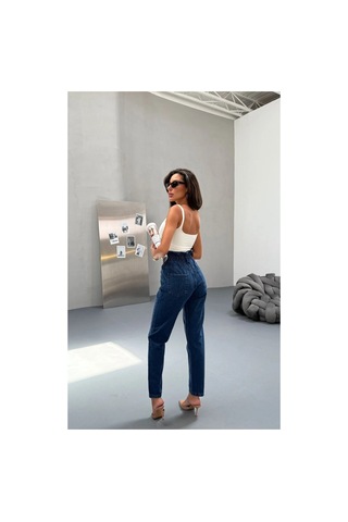 Kene Jeans Yüksek Bel Lacivert Çift Düğme Kemer Büzgülü Mom Jeans Lacivert