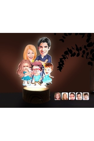 Kişiye Özel Aile Karikatürlü Dekoratif 3D Biblo Led Işıklı Gece L (483006825)