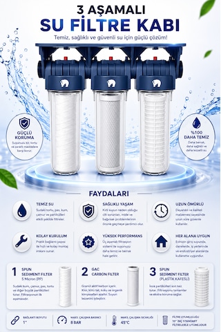 Lifewater 3'lü Daire Girişi Su Filtresi 3/4 İnç Housing Yıkanabilir Sediment + Gac Karbon + Spun Sediment Filtre Seti Eurofil 3'lü Tesisat Tipi 3/4 İnç Yıkanabilir, Cto Ve Silifoz Filtreli Kireç Koruyucu Bina Ve Daire Girişi