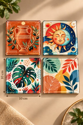 Gökçeoğlu Cam Bardak Altlığı Güneş Ay Ve Botanik Temalı 4'lü Takım 10cm X 10cm Çok Renkli