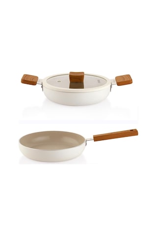 Schafer Ceramoni Seramik Tava 24 Cm Ve 22 Cm Kapaklı Sahan Seti Krem Krem