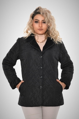 Kadın Büyük Beden Biyeli Kapitone Ceket Mont Siyah Çok Renkli